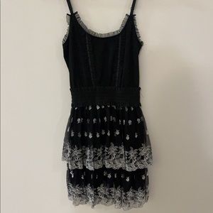 Black Spaghetti Strap Dress with Two-Tier, White Rose-Detailed Bottom